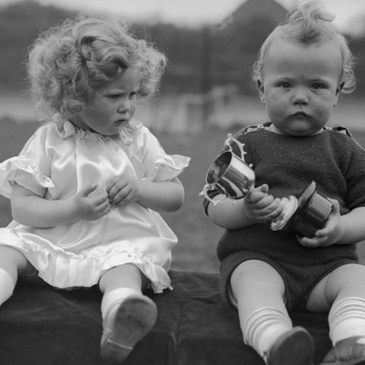 two children sitting on a blanket holding toys.