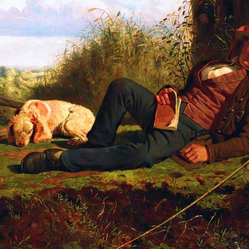 A man wearing a red headscarf sleeps against a tree with an open book in hand, while a dog lies nearby on the grass. A basket and fishing rod rest beside him.