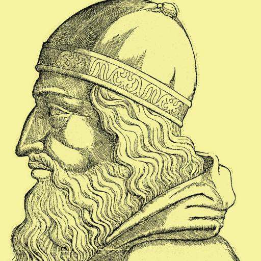 A detailed black-and-white illustration of a bearded man in profile view, wearing a decorated helmet and cloak, against a plain yellow background.