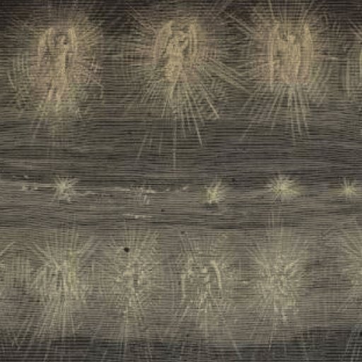 A vintage illustration shows two rows of glowing, human-like figures with radiating lines, set against a dark, textured background.