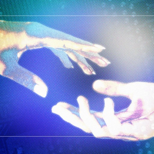 two hands reaching out to each other in front of a colorful background.