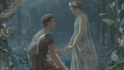 A Tolkien-inspired painting portraying a man and woman amidst a mystical forest.
