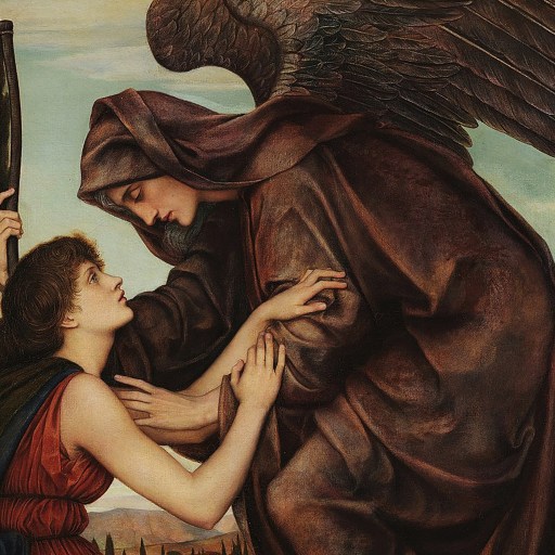 a painting depicting an angel and a woman showing fear while holding a scythe.