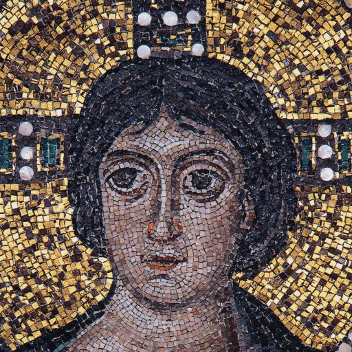 A Christian mosaic showcasing the face of Jesus in Rome.