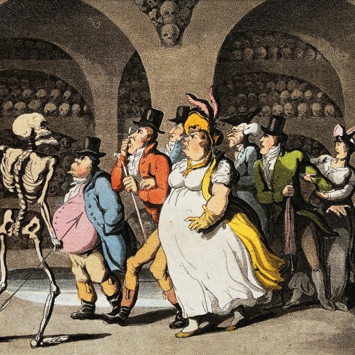 A group of people engaged in dark humor while standing around a skeleton.