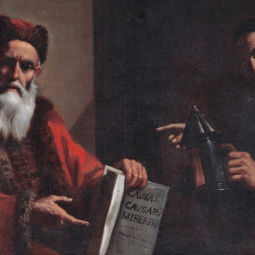 A painting of two sophists engrossed in a book.