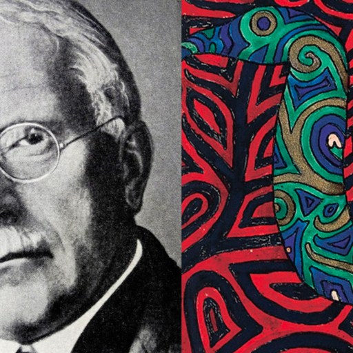 A portrayal of a bespectacled man with a serpent inspired by Carl Jung's theories.