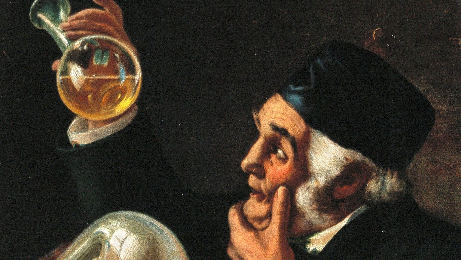 A medieval painting featuring a man holding a beaker and a book.