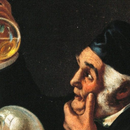 A medieval painting featuring a man holding a beaker and a book.