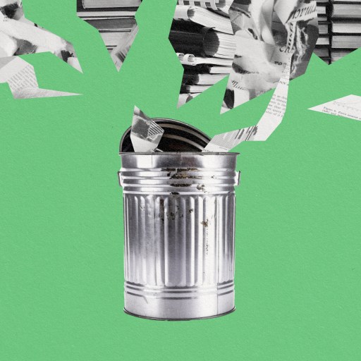 A green background with peer-reviewed papers overflowing from a trash can.