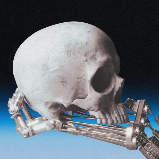 An image of a skull with an AI robot attached to it, symbolizing the threat of human extinction.