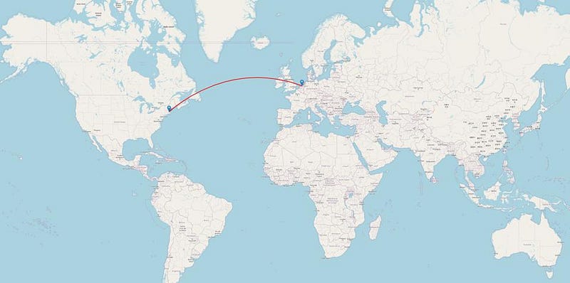A world map with a red arrow marking America as the first.