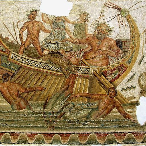 A mosaic depicting Julius Caesar in a boat surrounded by people.