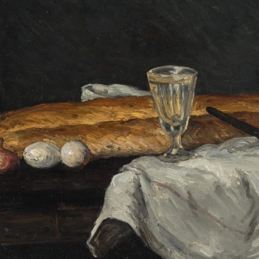A painting of bread, eggs and a glass of wine.