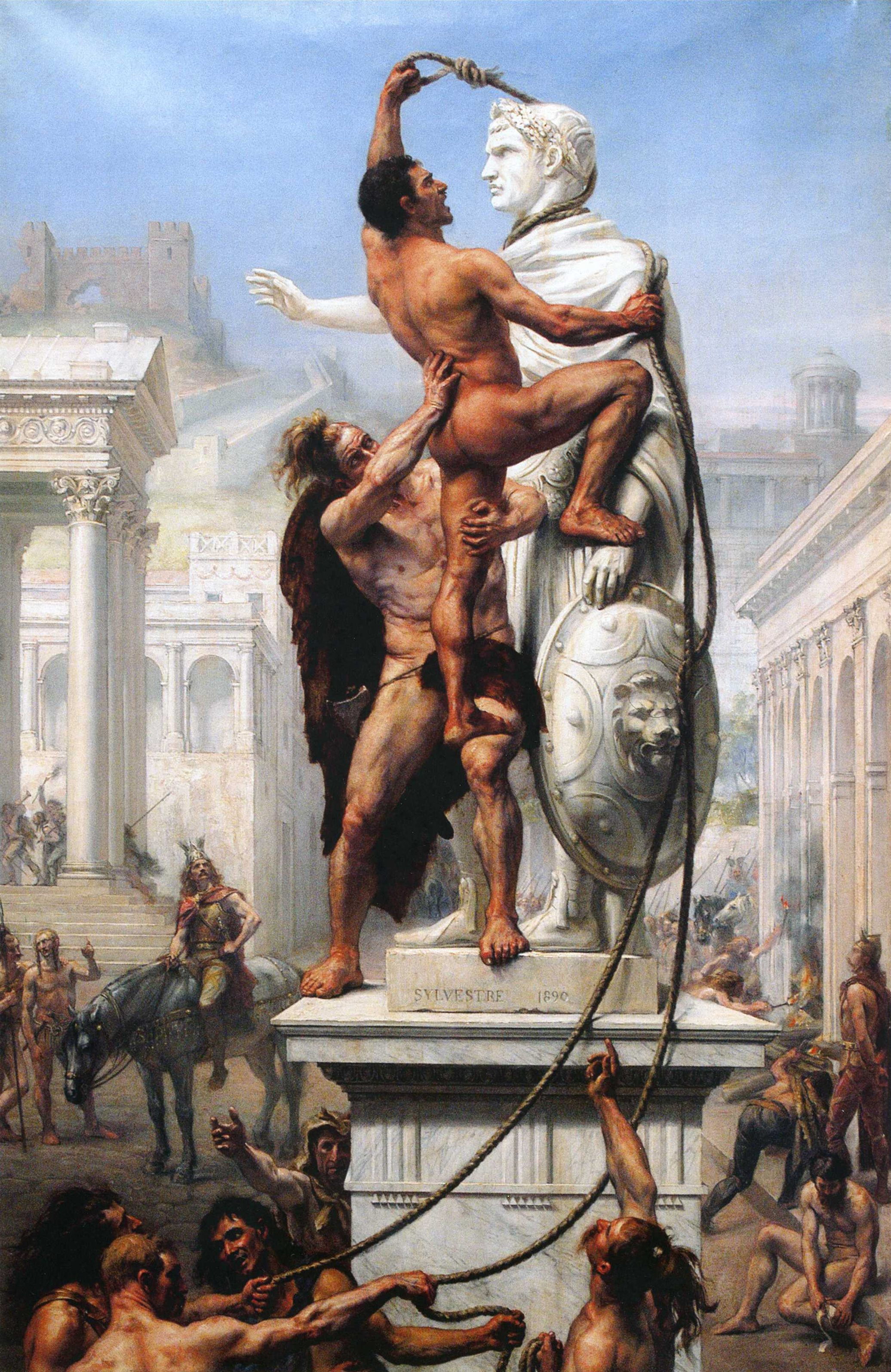 A painting of a man being pulled by a rope.