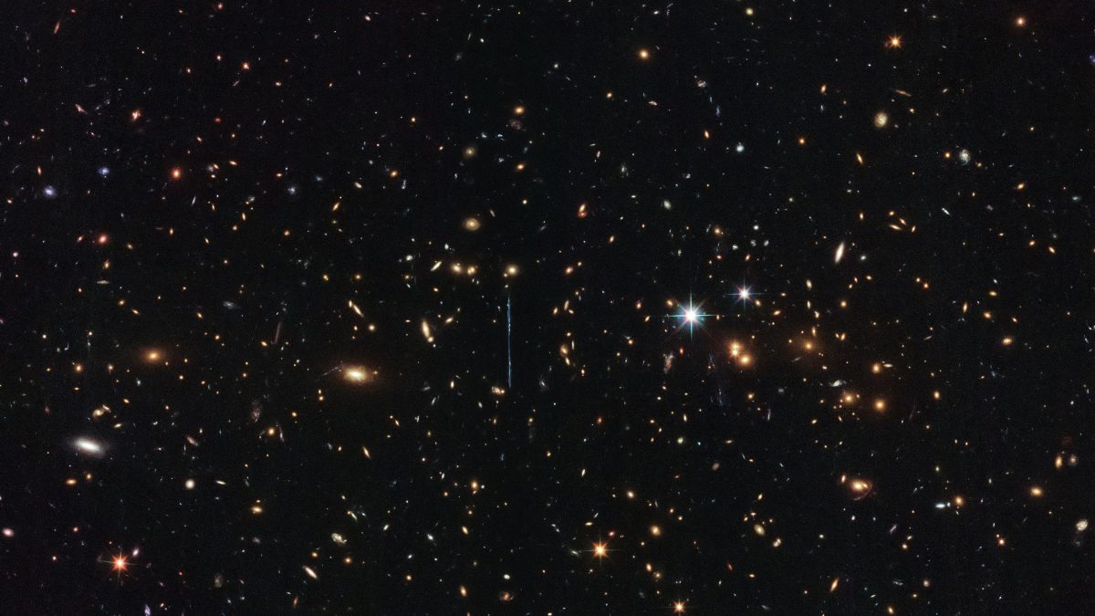 An image of El Gordo, a massive galaxy cluster captured by Hubble
