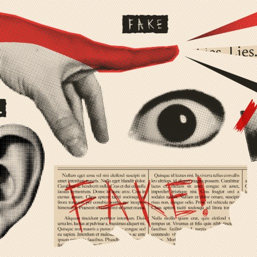 A collage highlighting disinformation with a fake ear.
