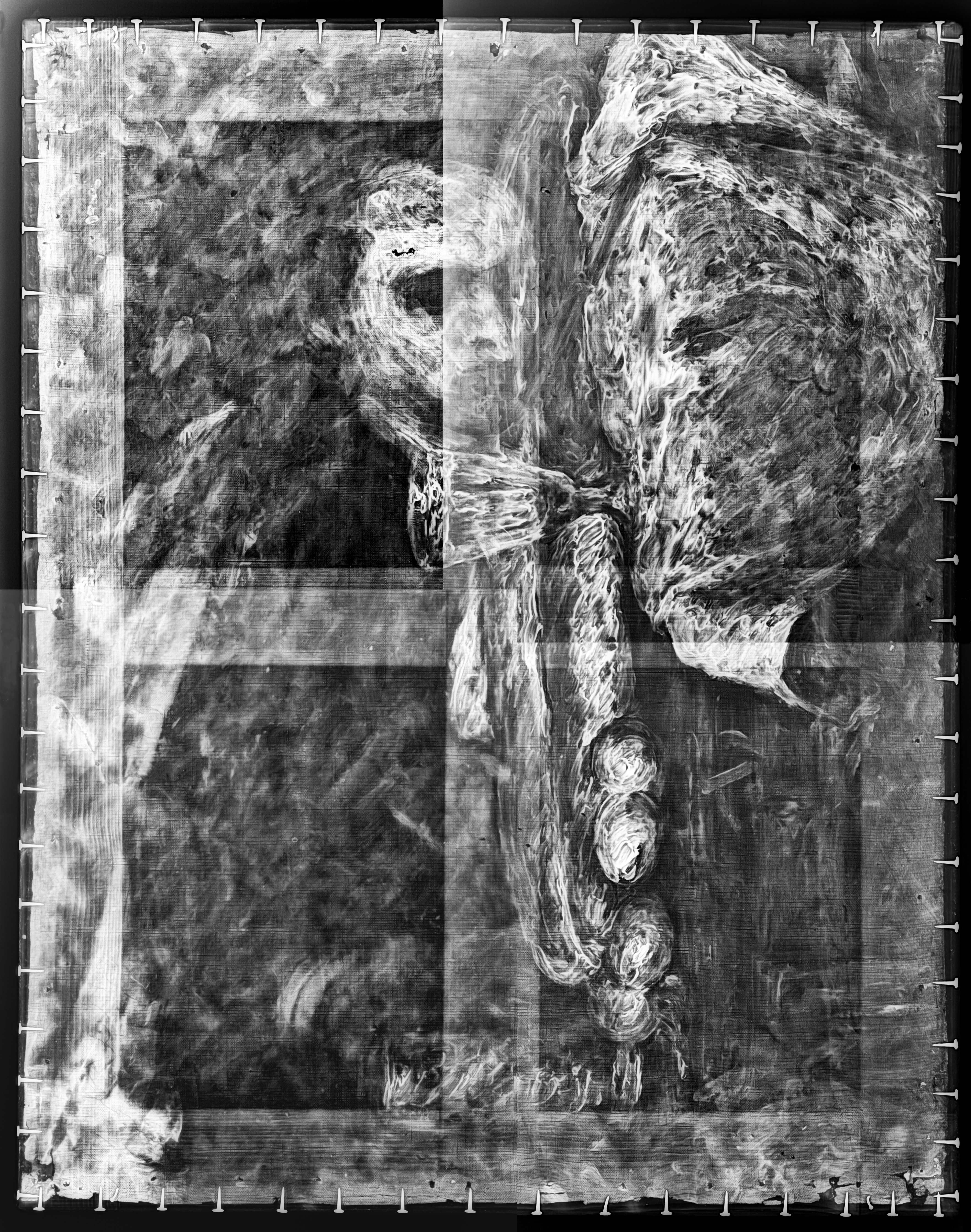 A black and white drawing of a woman's face.