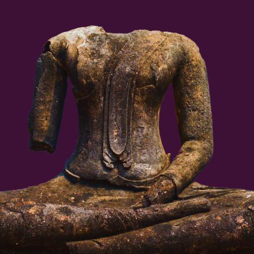 Ancient headless stone Buddha statue with one arm missing, seated cross-legged against a solid dark purple background.