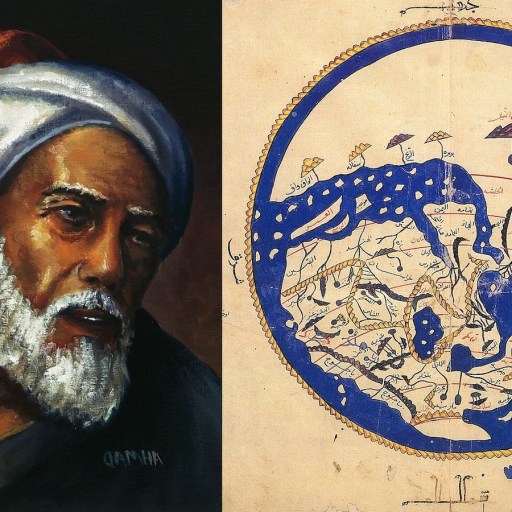 A painting of a man with a turban and a map.