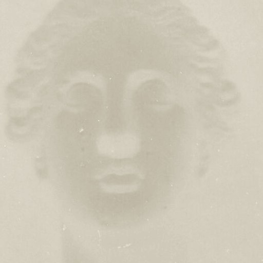 A faint, grayscale image of a classical statue’s face with soft features and minimal details visible against a plain background.