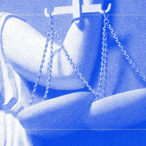 A statue of justice holding scales on a blue background.