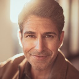 A man in a brown jacket.