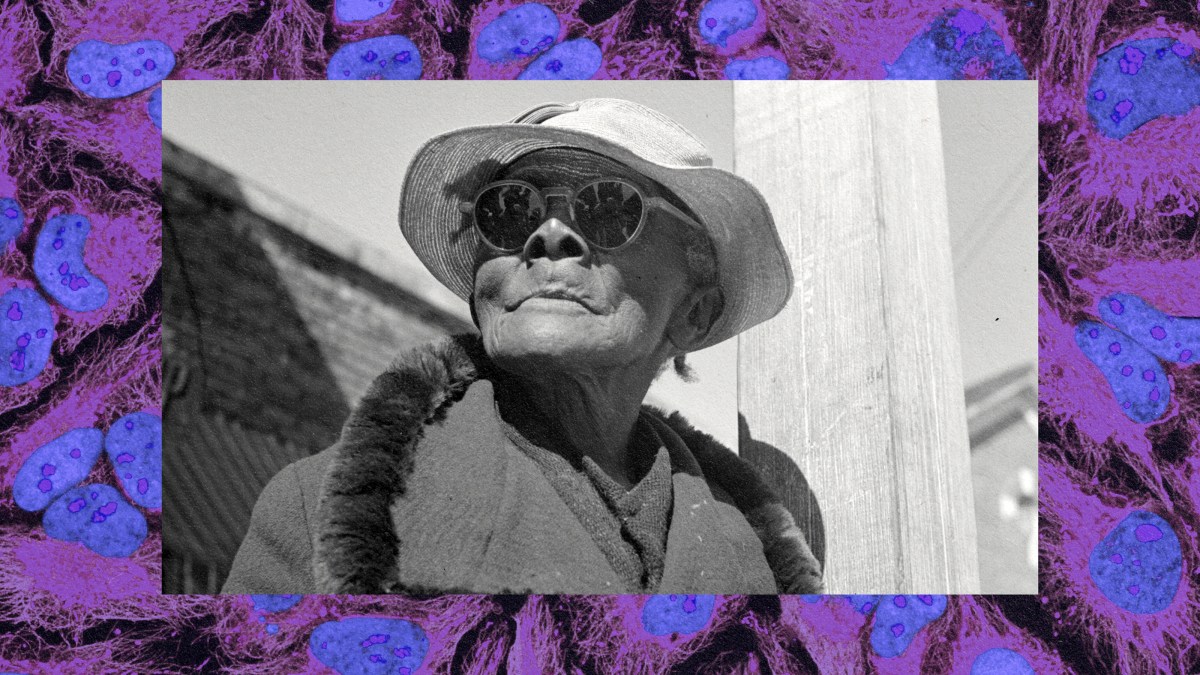 A man with sunglasses and a hat on against a purple background.