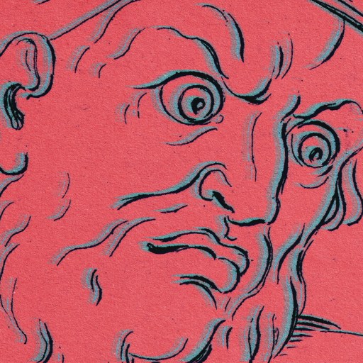 A drawing of a man with a beard on a red background.