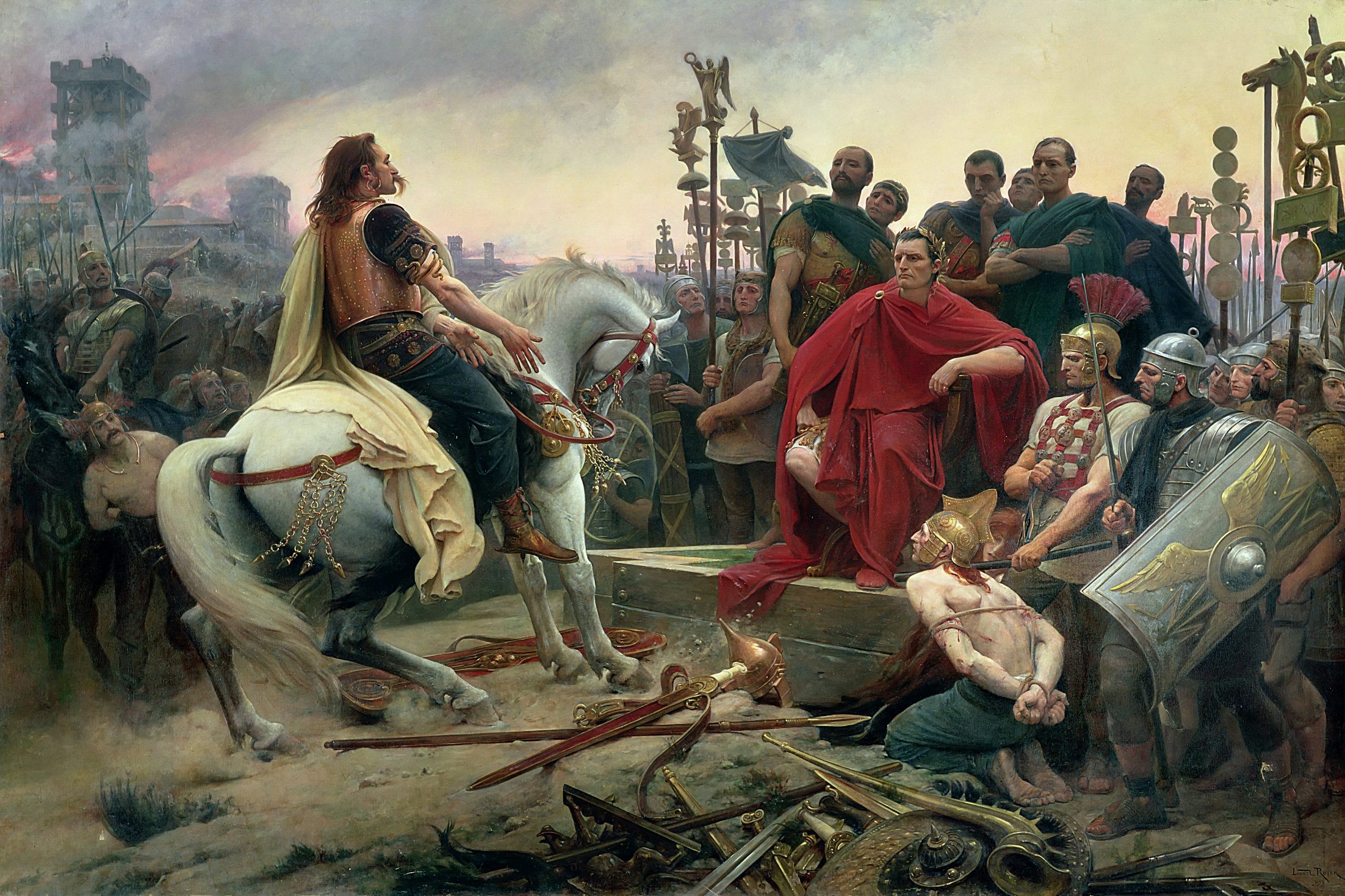 A painting depicting a man on a horse surrounded by a crowd, illustrating the history of pants.