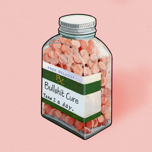 A bottle of pills illustration on a pink background.