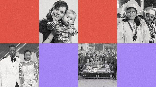 A personality-filled collage portraying a man, woman, and child.