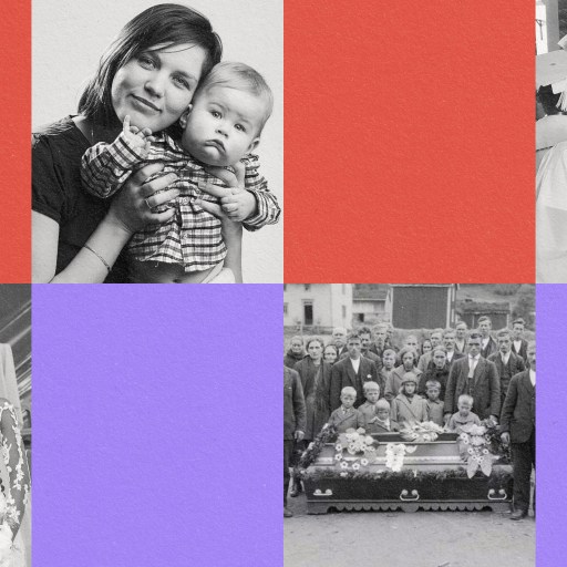 A personality-filled collage portraying a man, woman, and child.