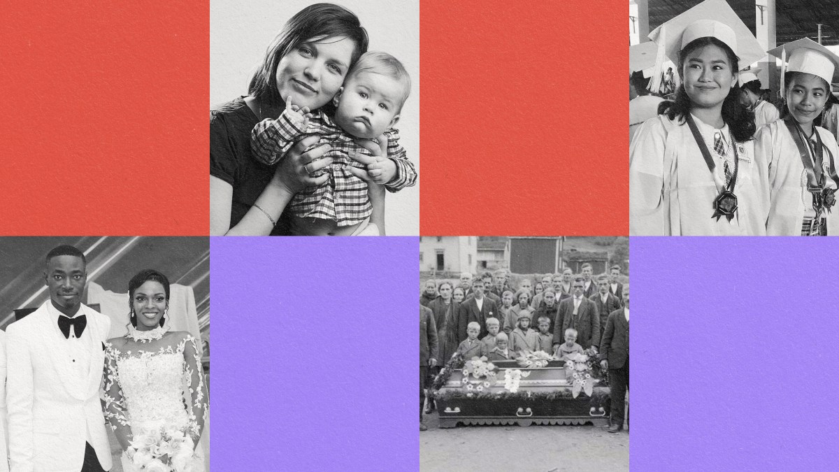 A personality-filled collage portraying a man, woman, and child.