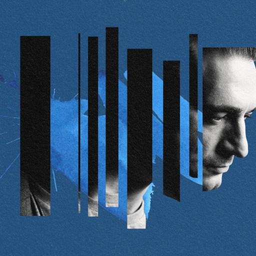 A blue background with a man's face behind bars depicting depression.