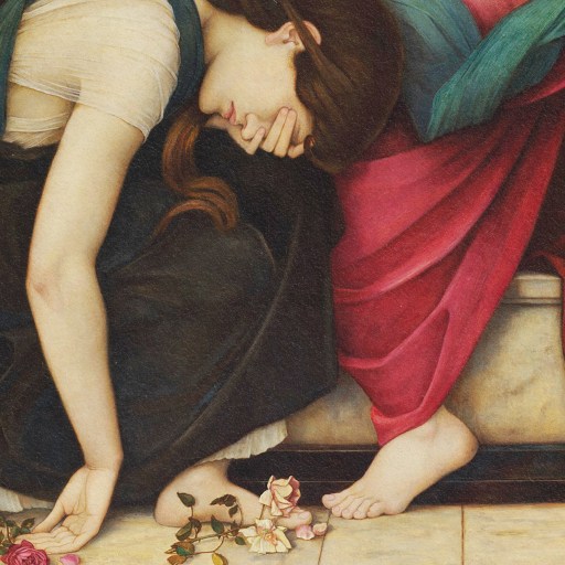 Keywords: grief, flowers

Description: A depiction of a sorrowful woman surrounded by flowers, symbolizing the stages of grief.
