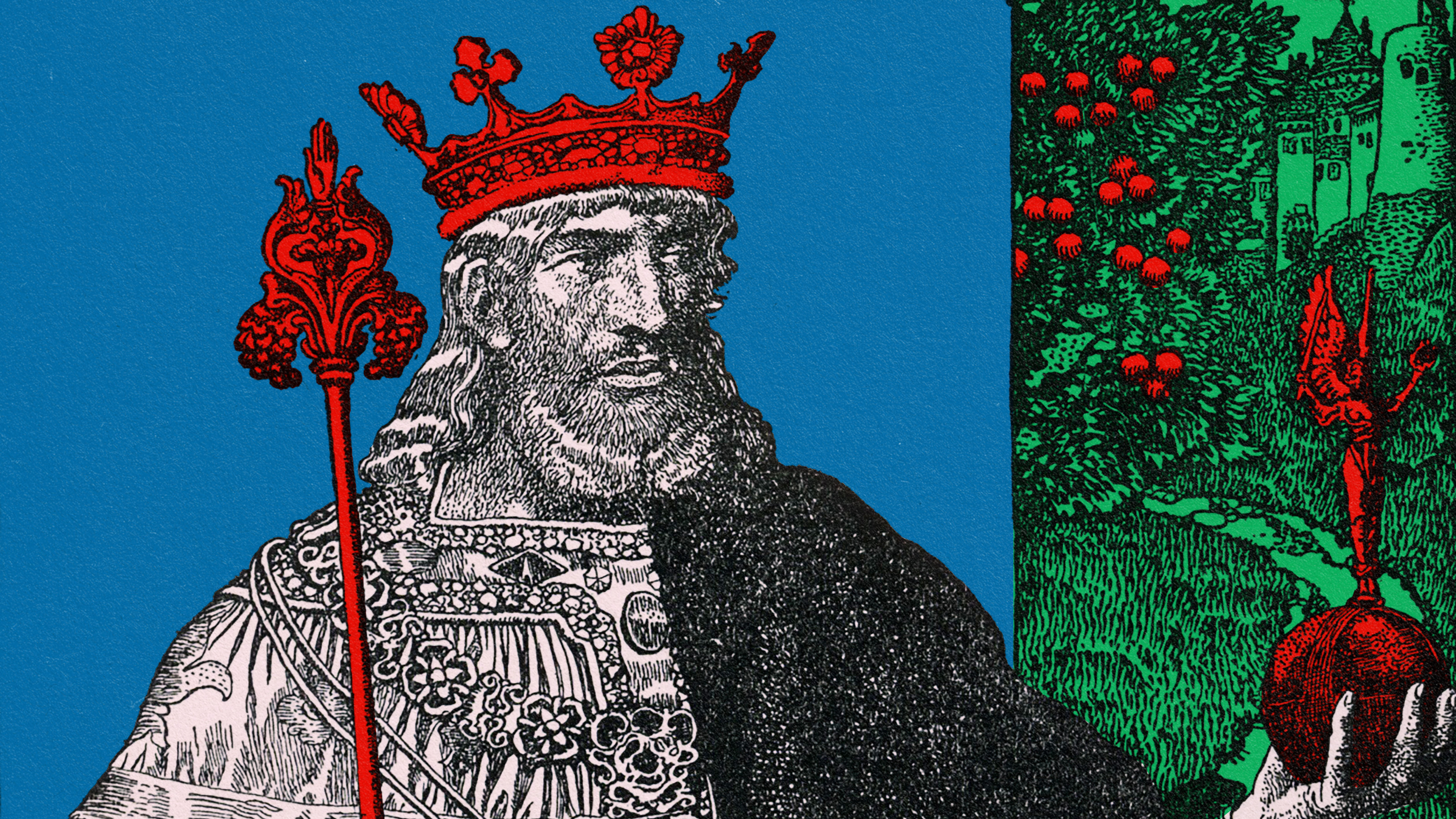 An illustration of a royal holding a red apple.
