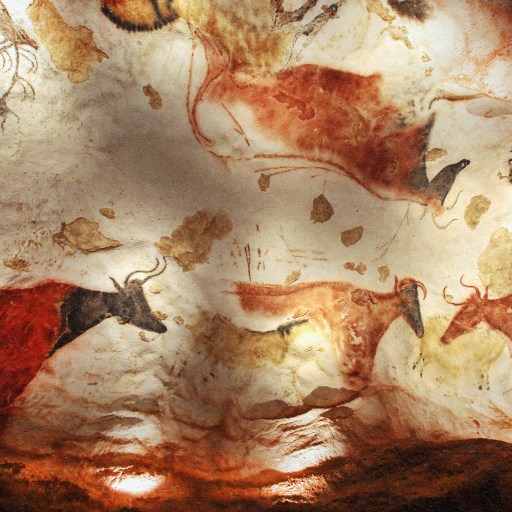 A scientifically-inspired painting of animals in a cave.