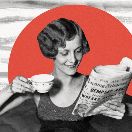 A woman reading news with a cup of coffee.
