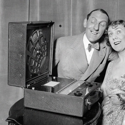 A vintage photograph capturing a couple by a turntable in black and white.