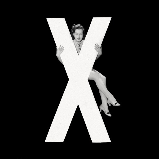 A woman poses in front of the letter x in a black and white photo.