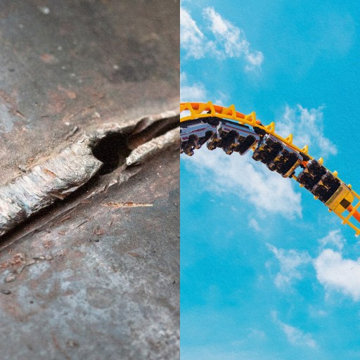 A picture of a roller coaster with broken metal structures against the backdrop of the sky.