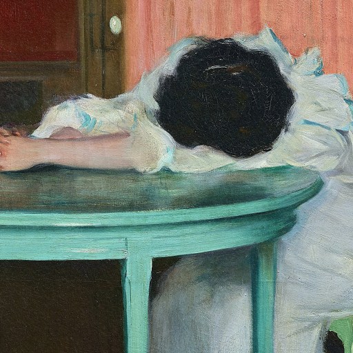 A painting depicting sleep deprivation and a woman asleep at a table.
