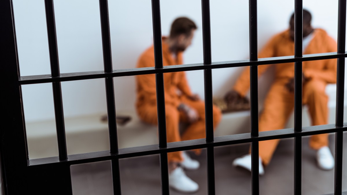 Two men sitting in an orange jail cell.