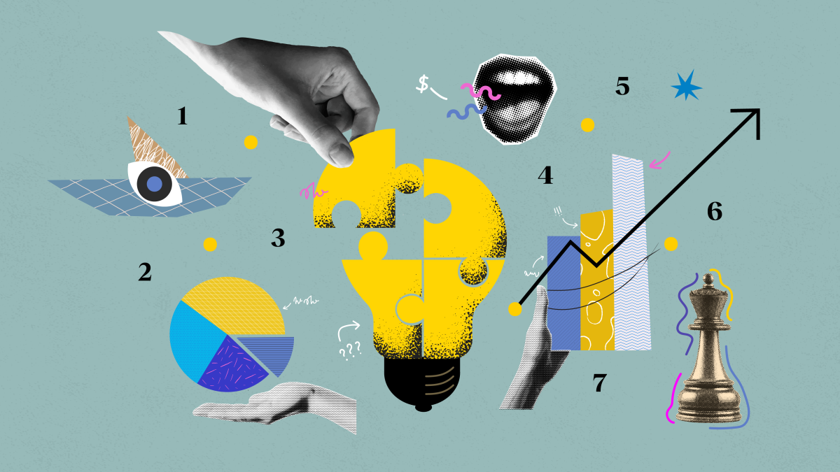 An illustration of a light bulb with chess pieces around it.