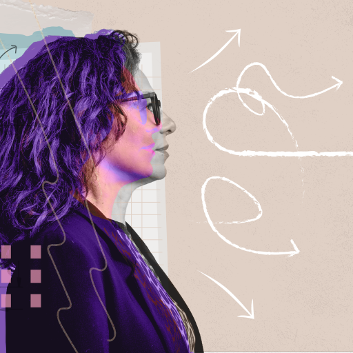 A portrait of a woman with purple hair and arrows.