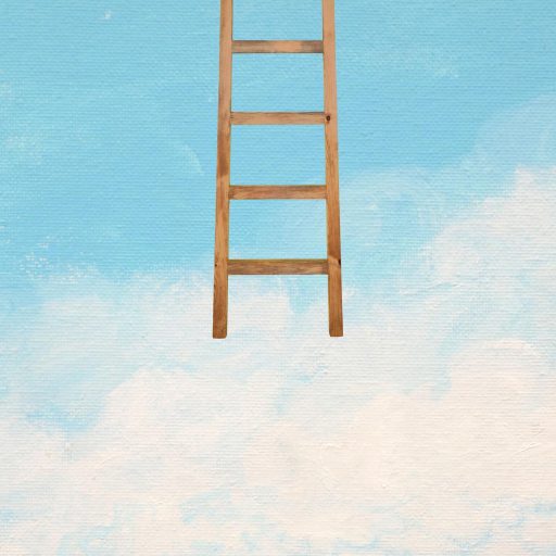 A wooden ladder extends downward from the top edge of the image against a blue sky with scattered white clouds.