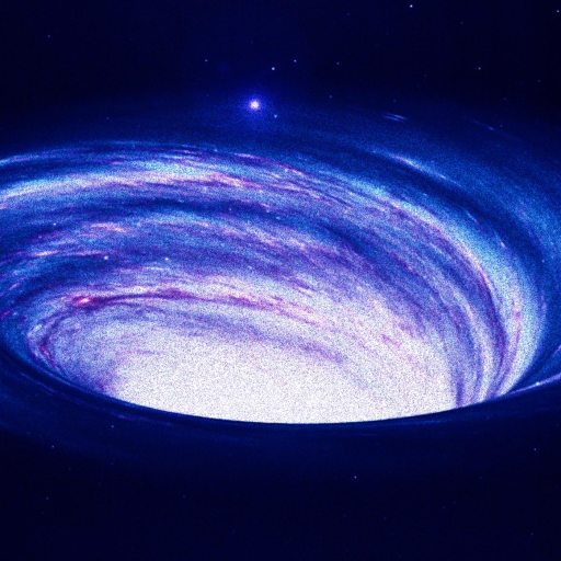 A swirling, bright galaxy or nebula in deep space with a luminous center and spiraling blue and purple hues against a dark starry background.