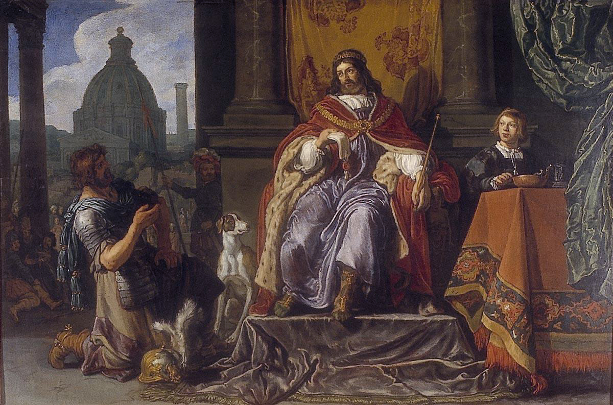 A Rembrandt painting featuring a man and a dog on a throne.
