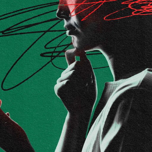 An image of a woman holding a cell phone with potential trigger warnings.